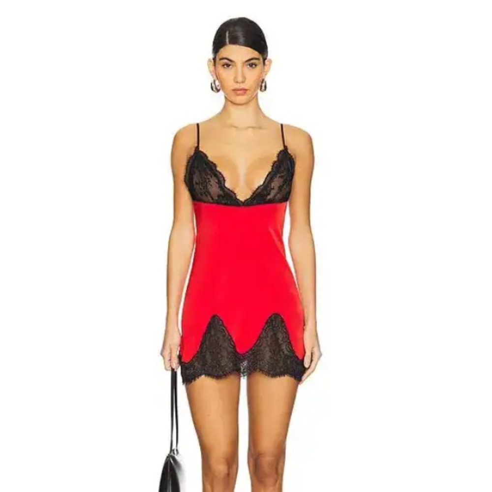 NBD Red and Black Lace Slip Dress